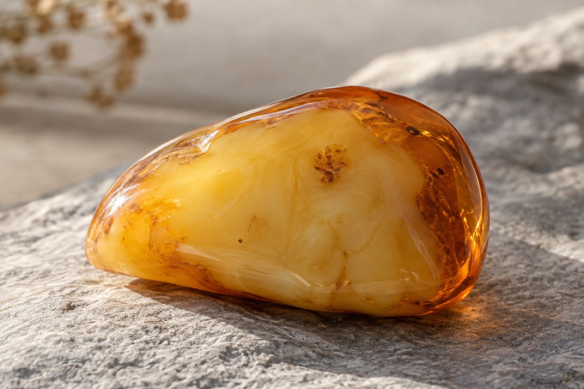 Cloudy amber pebble with daylight passing through its thinner edge