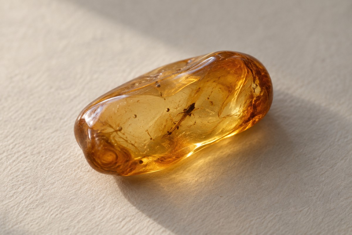 Small dark twig-like fragment and fine flow lines inside a honey-colored amber pebble.