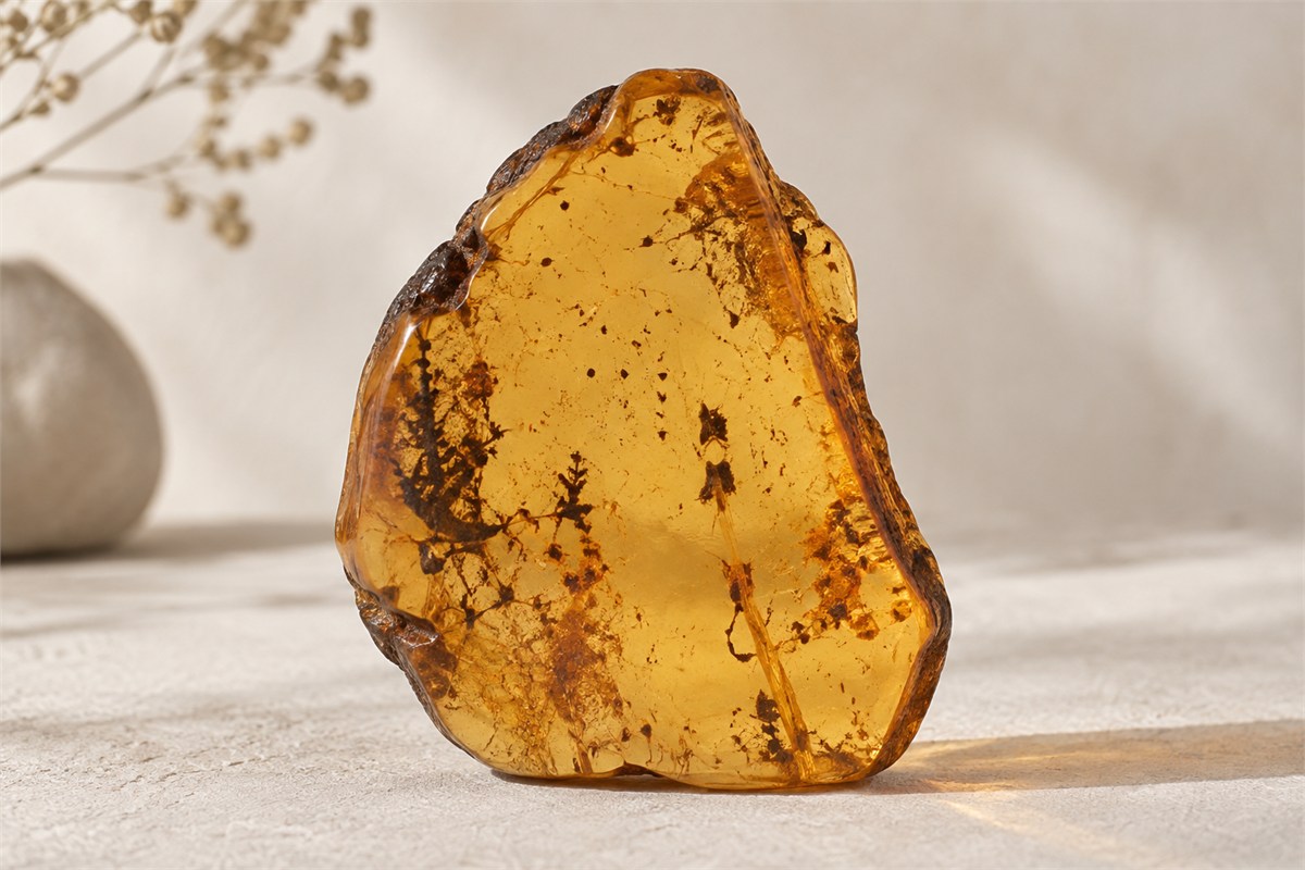 A translucent tea-colored amber piece standing against a pale background.