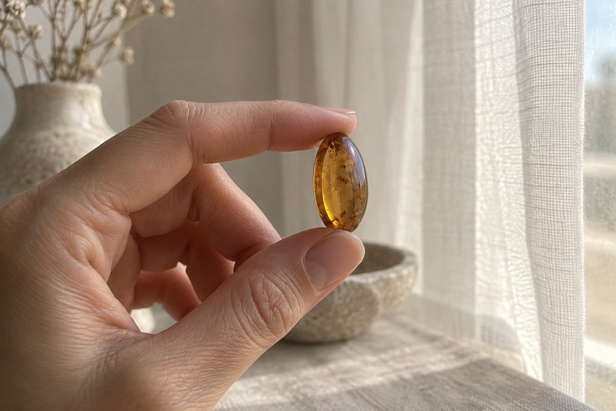Fingers hold an oval amber cabochon upright beside a sheer curtain, revealing its golden edge.