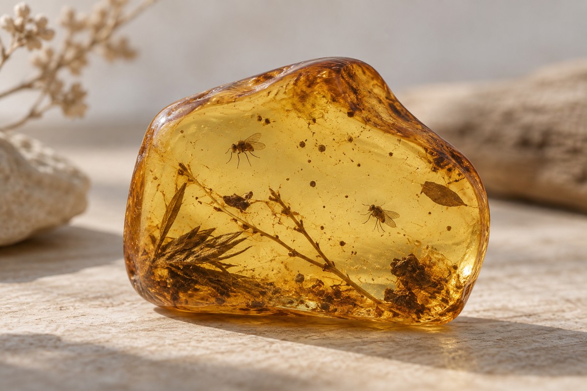 Two separated small dark inclusions and plant debris in translucent amber.
