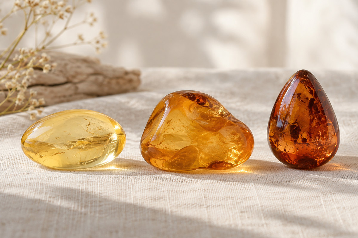 Three polished resin shapes in pale yellow, honey, and reddish brown on cream linen.