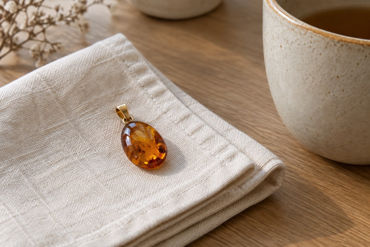 Small honey-gold amber pendant on a cream napkin beside a ceramic cup.