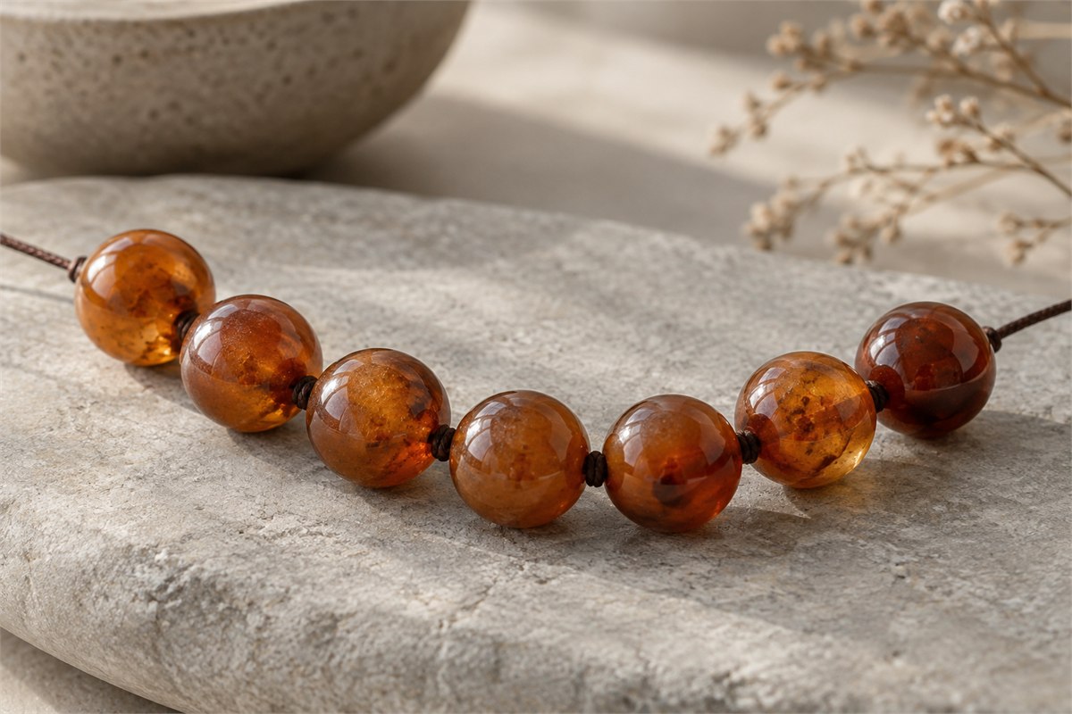 Seven warm brown and honey-colored beads on a continuous brown cord.