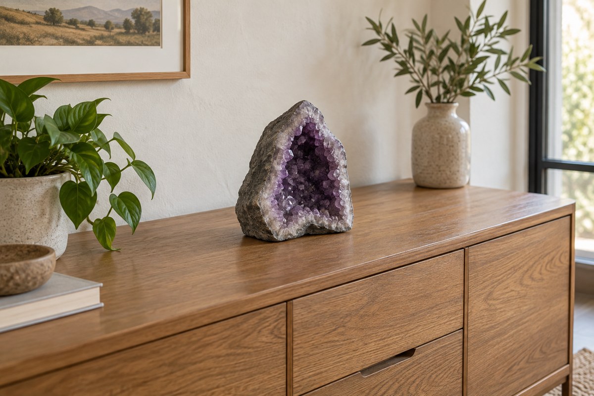 A purple amethyst geode placed well back on a broad wooden cabinet.