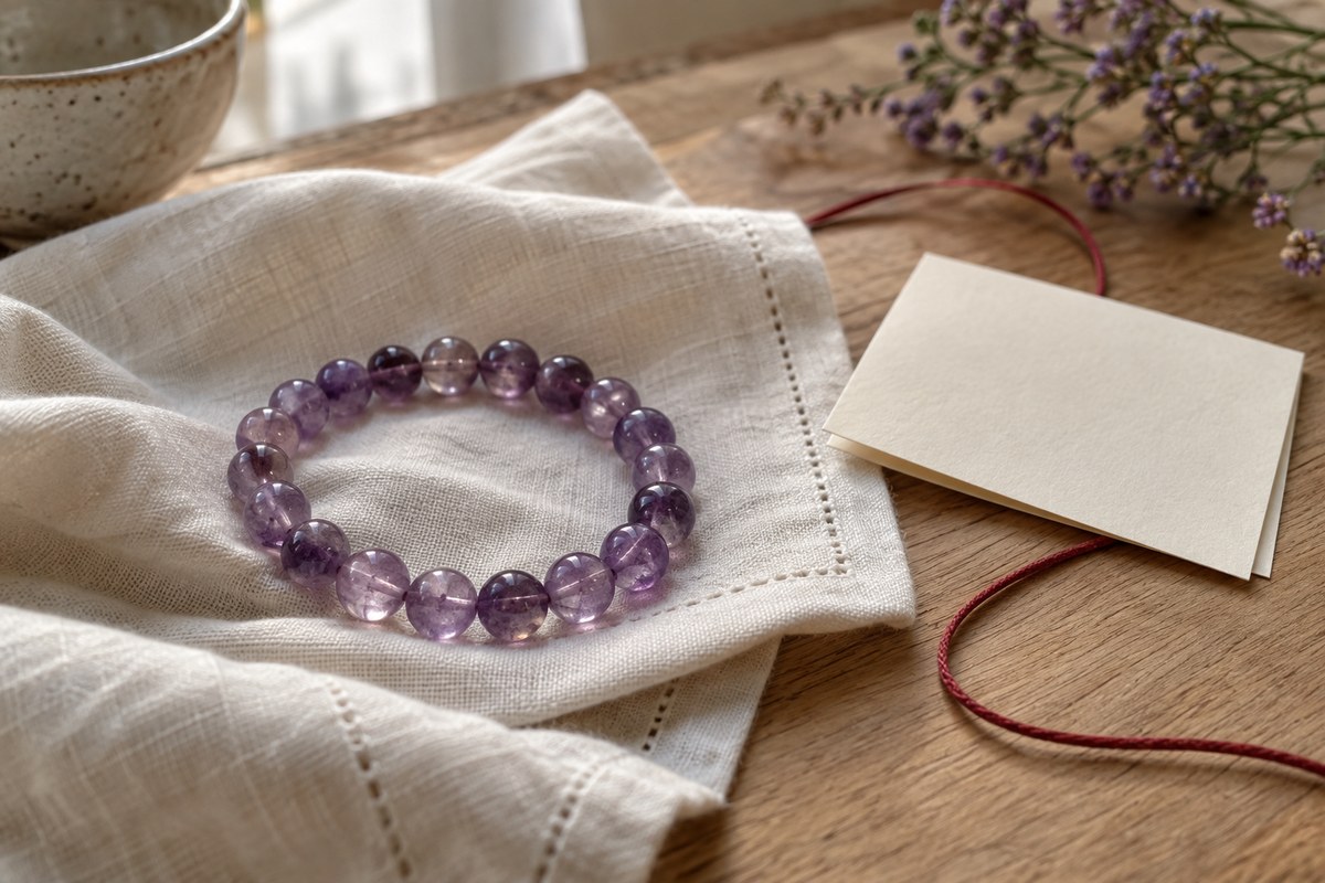 Purple bead bracelet on folded ivory linen beside a blank note card and red cord.