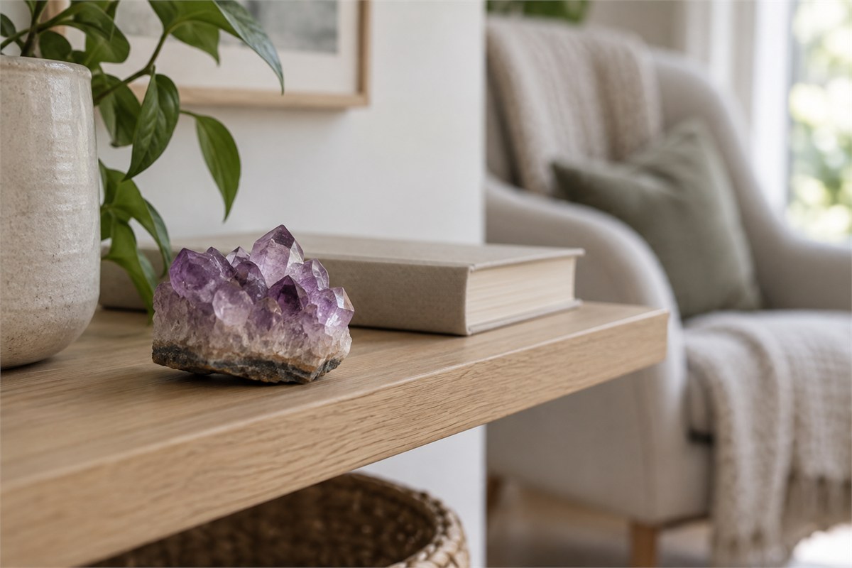 A small amethyst cluster on an oak shelf beside a closed book.