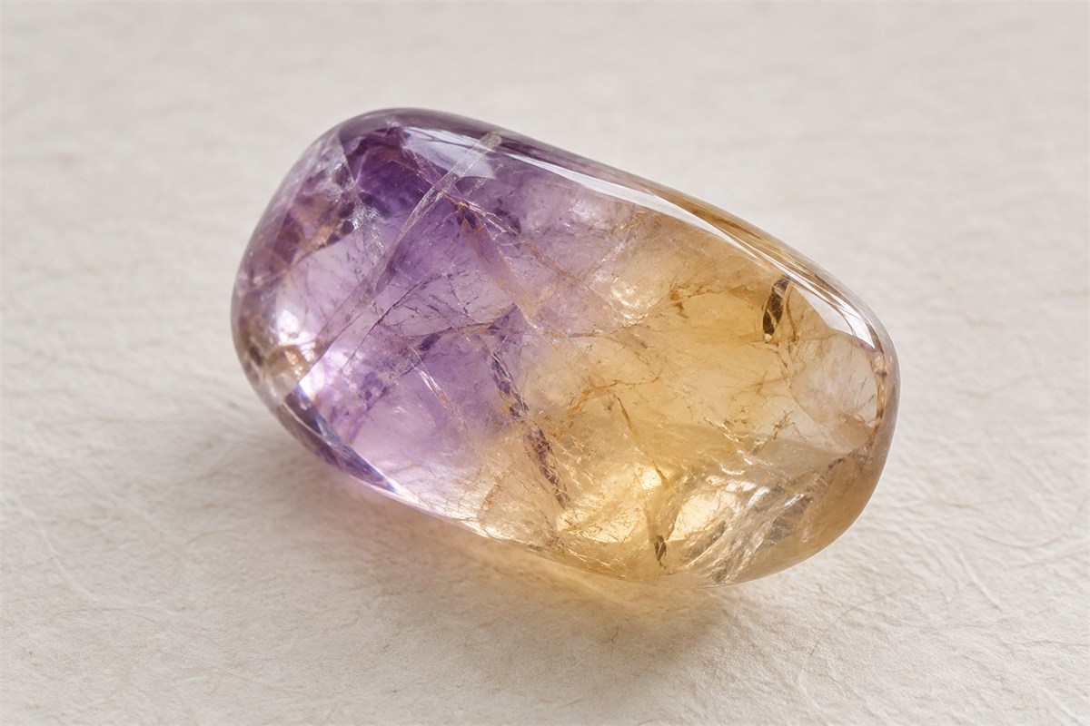 A polished ametrine stone with purple and pale yellow areas on handmade paper.