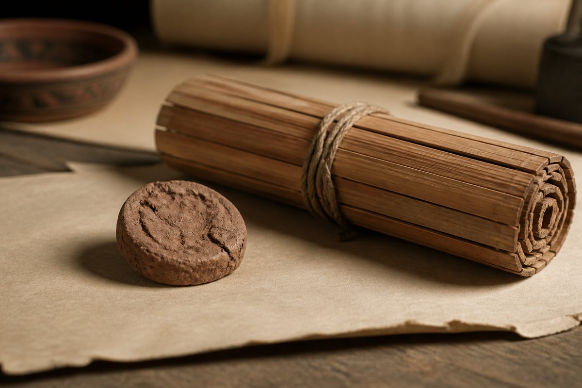 Ancient-style clay sealing beside a bamboo document