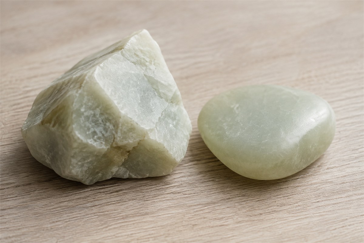 An angular pale stone and a rounded pale pebble resting apart on light wood.