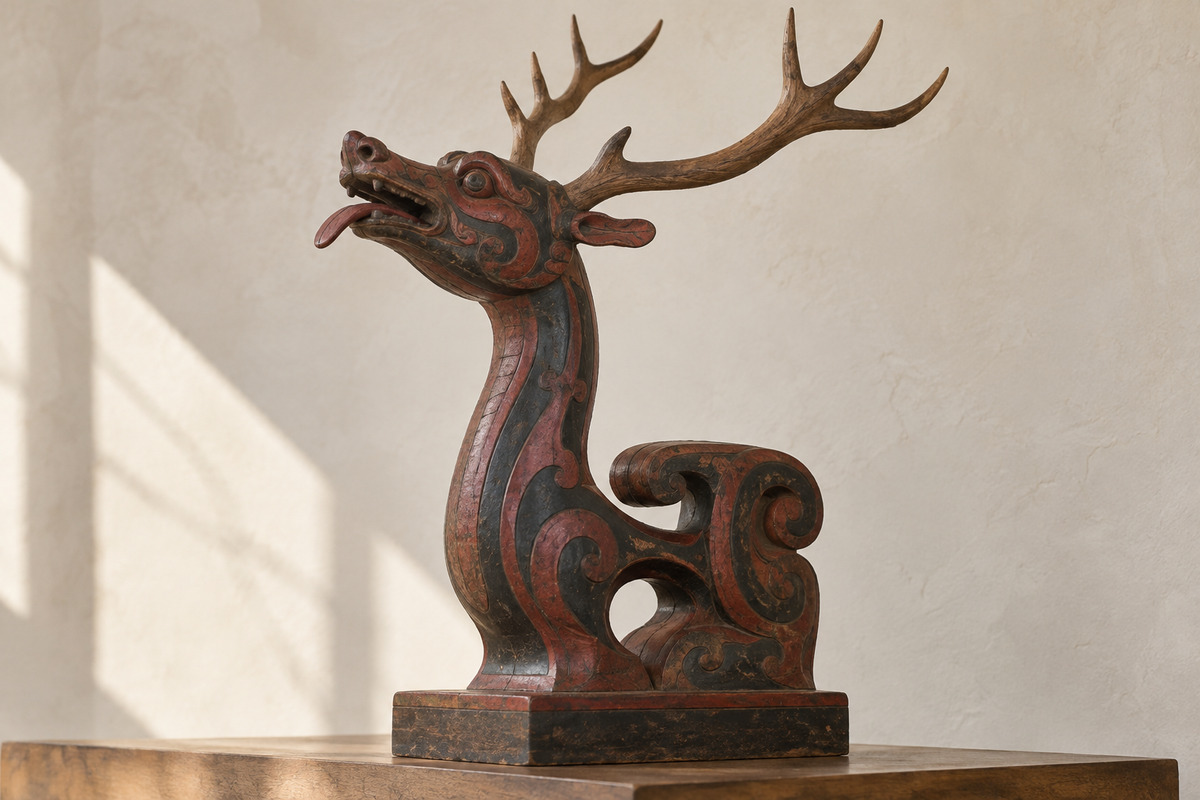 Antlered red and black wooden guardian on a square base