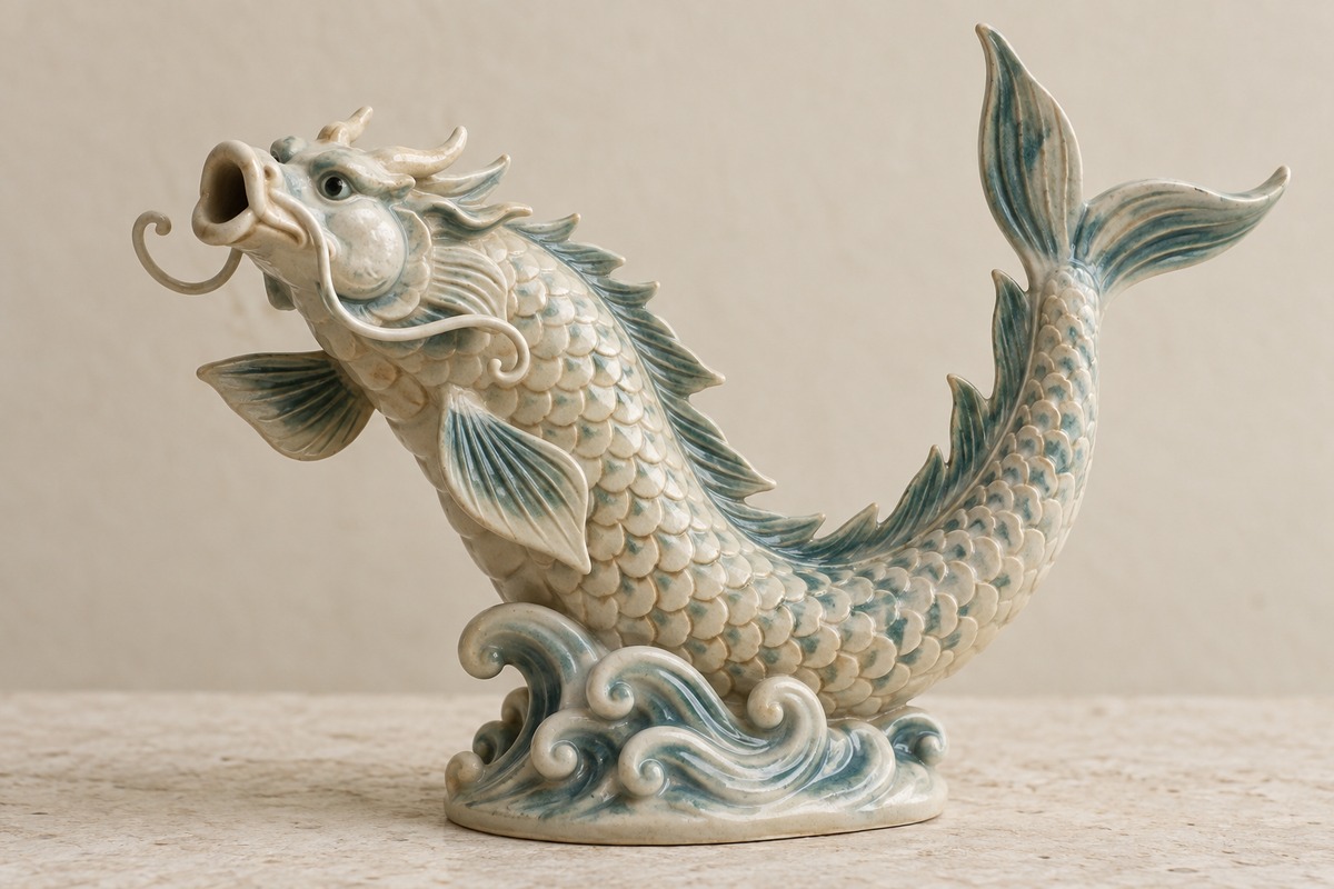 Ceramic Aoyu with a scaled fish body dragonlike face and raised tail