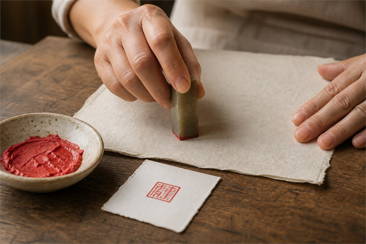 Hands holding a stone seal vertically over handmade paper beside red seal paste
