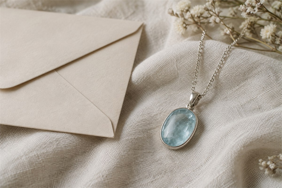 A pale blue aquamarine pendant beside a plain envelope on cream linen.