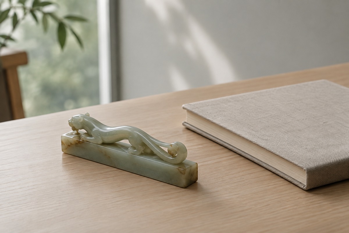 Elongated jade chi desk ornament beside a closed plain linen-bound notebook.