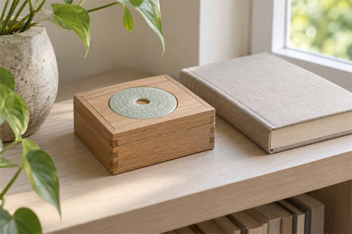 A small grain-pattern jade disc is inset into the lid of a plain wooden keepsake box.