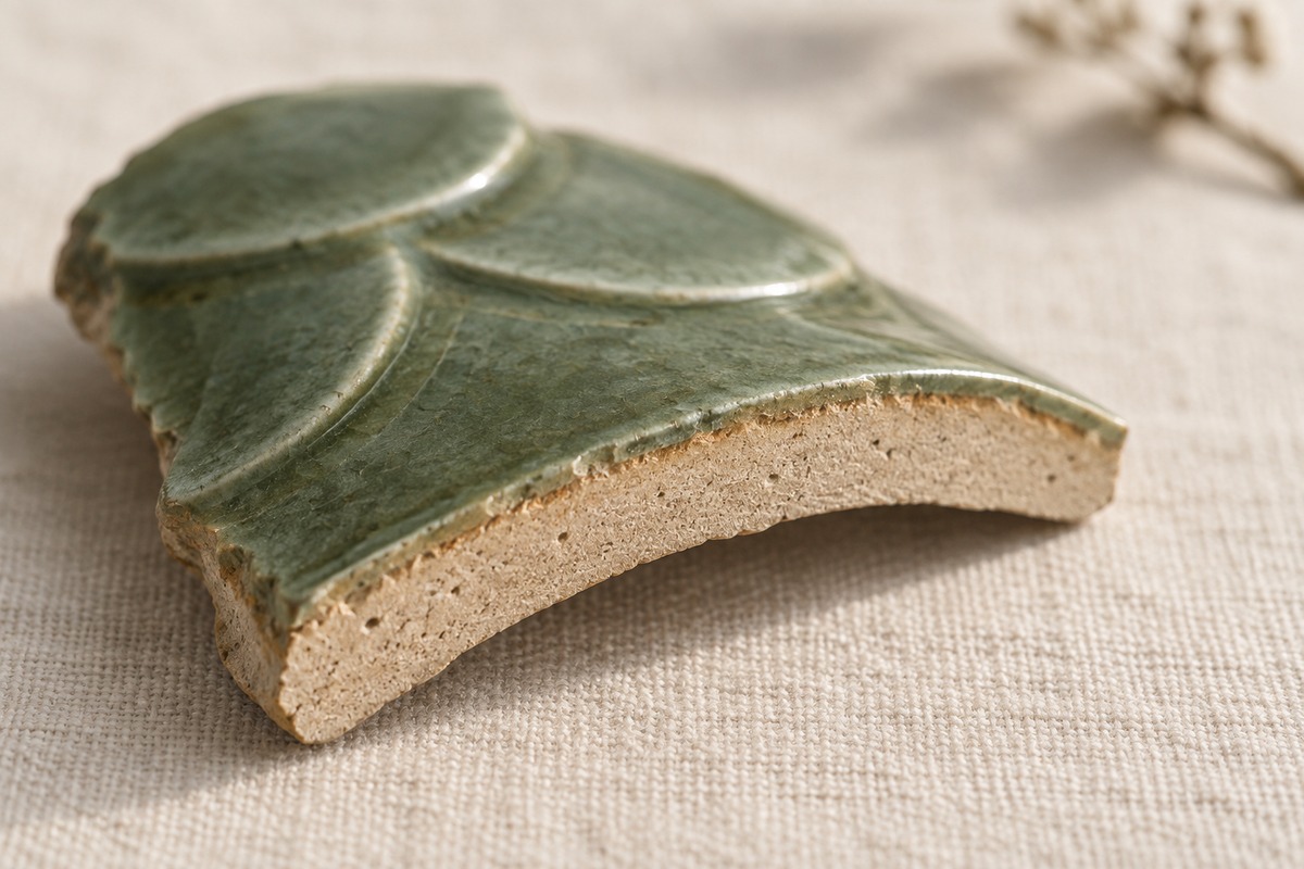 Curved glazed ceramic fragment with an exposed opaque clay edge