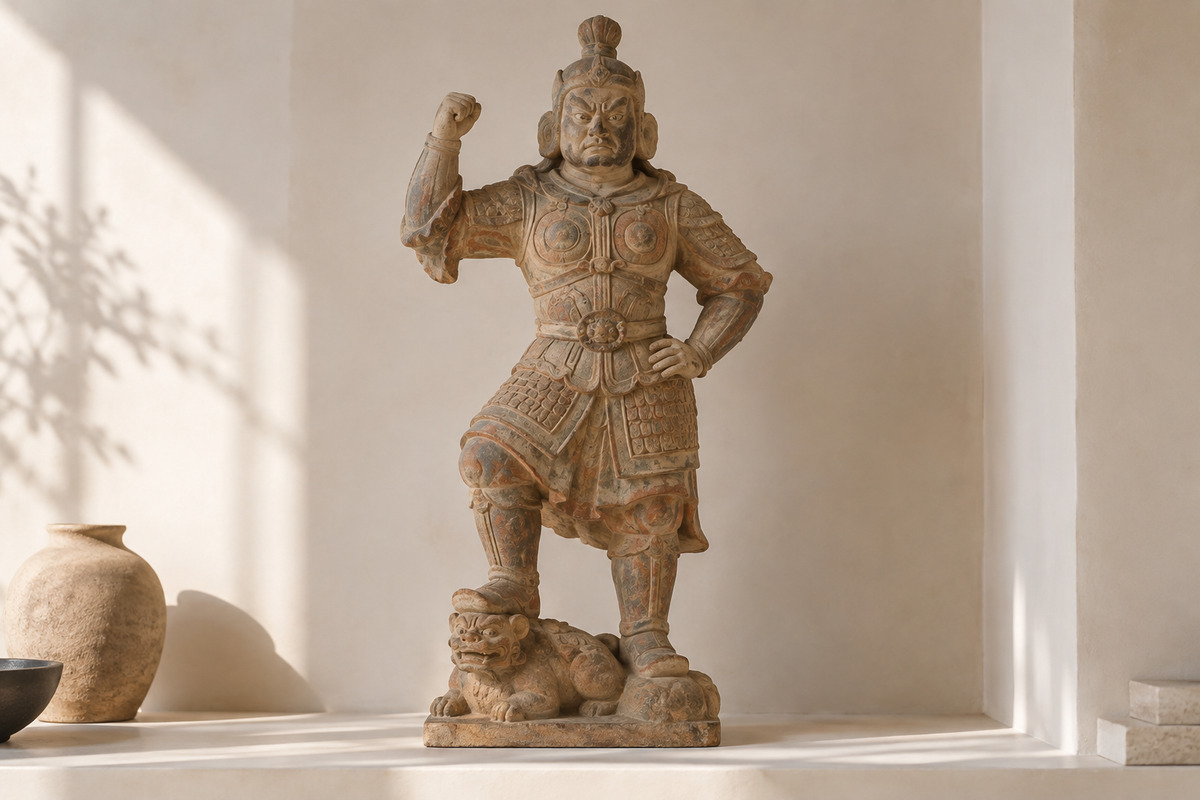 Standing armored heavenly king figurine with a raised arm
