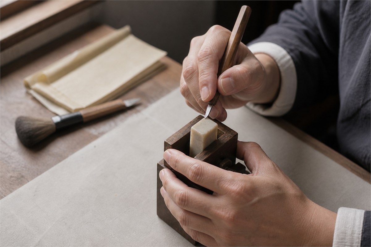Artisan safely carving a pale stone study-name seal held in a wooden clamp