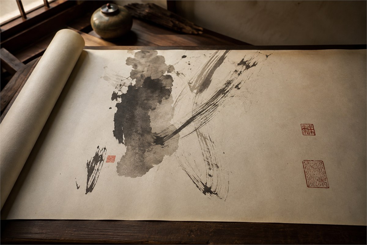Abstract ink painting with a small author seal and later collector seals in the margins