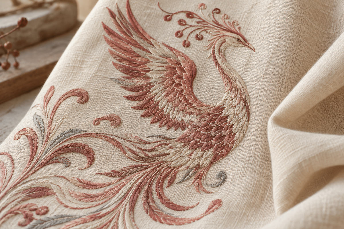 A close view of a stylized bird embroidered in muted red and cream thread.