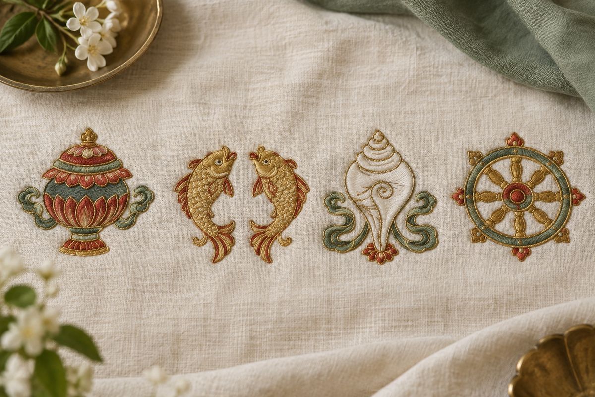 Embroidered vase, paired fish, conch and wheel motifs on cream fabric.