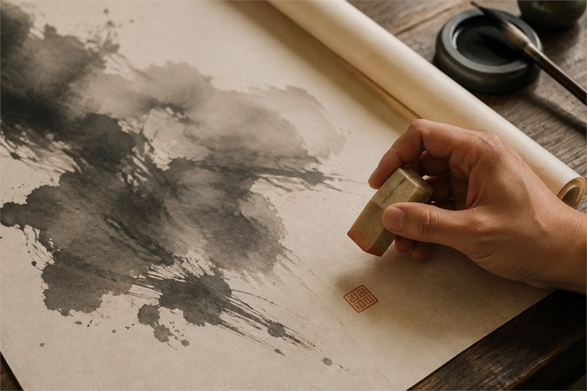 Hand holding a stone seal above the lower corner of an abstract ink painting