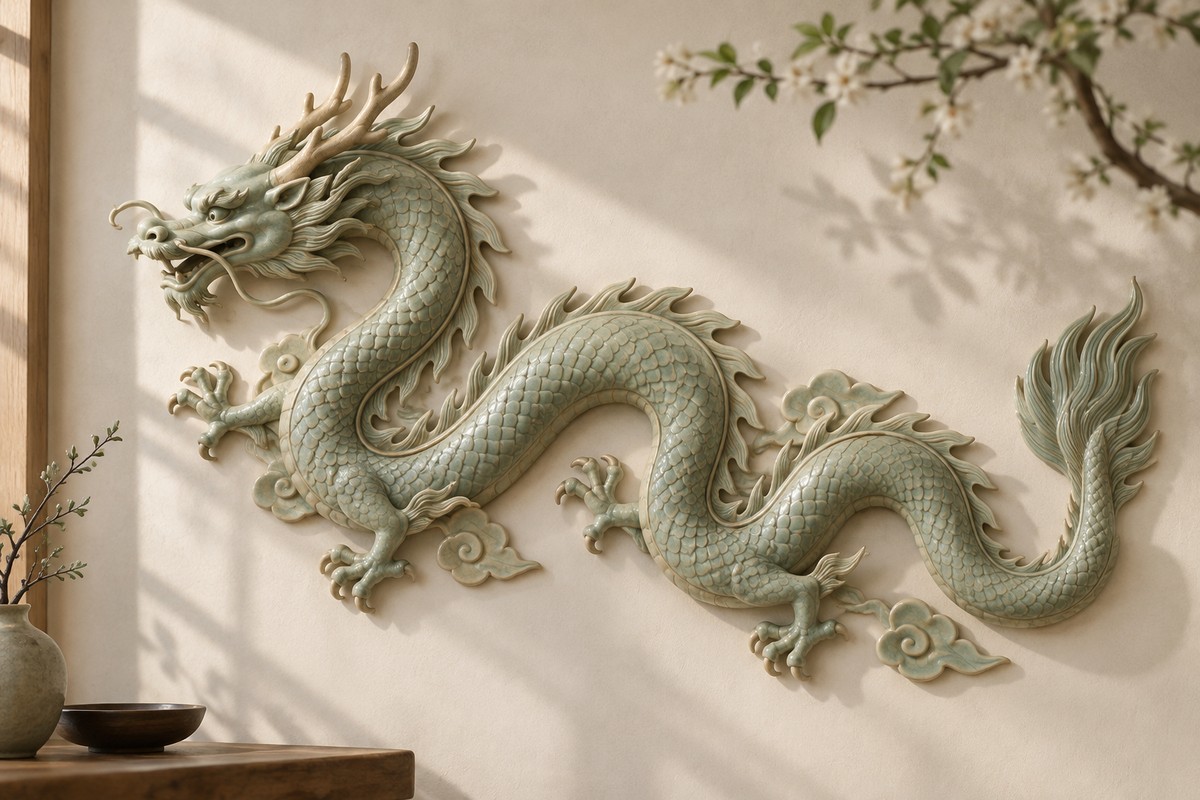 A slender dragon relief curves across a muted green ceramic panel.