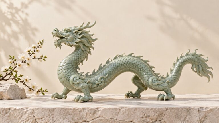 Celadon-colored dragon sculpture beside spring blossoms on pale stone.