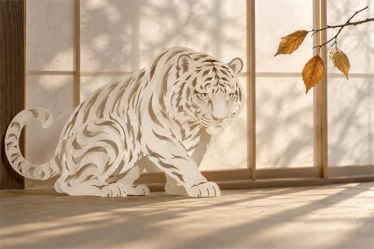 Ivory paper-cut tiger beside ochre autumn leaves at a translucent window.