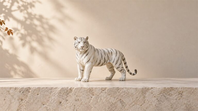 White ceramic tiger with gray stripes standing on a pale stone shelf.