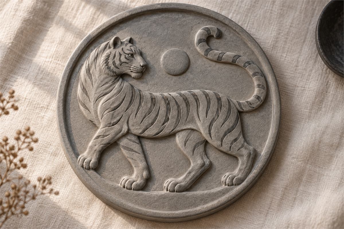 A tiger with clear paws and an upward curling tail fills a circular clay relief.