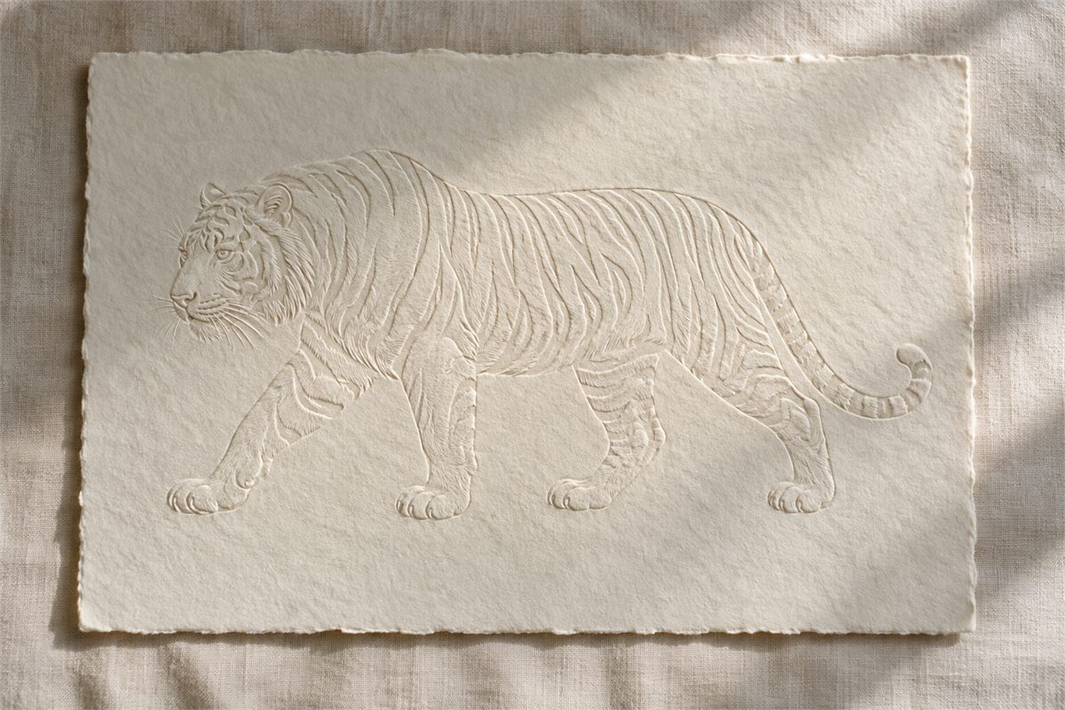 Walking tiger embossed into ivory handmade paper on linen.