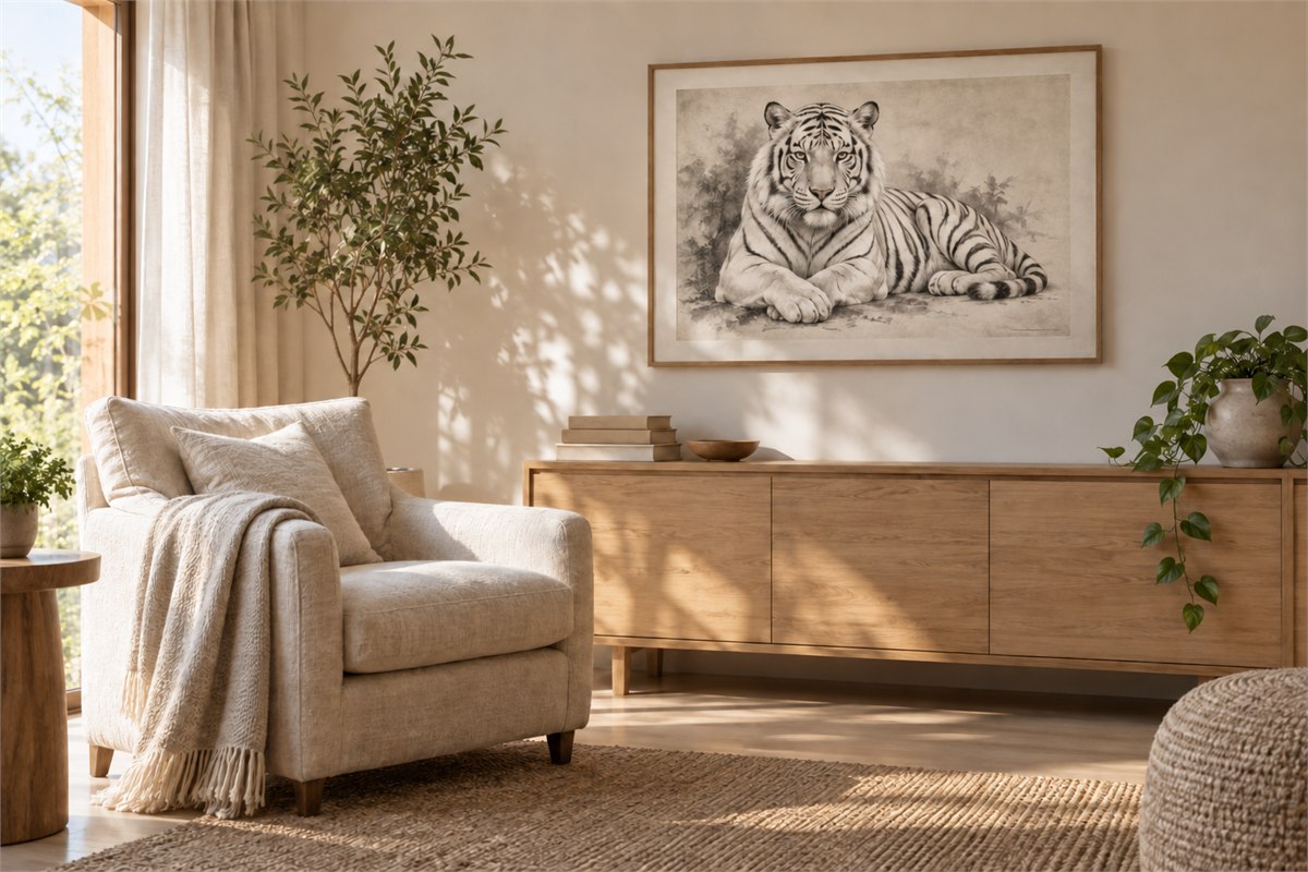 Framed monochrome tiger artwork above a wooden sideboard beside a linen armchair.