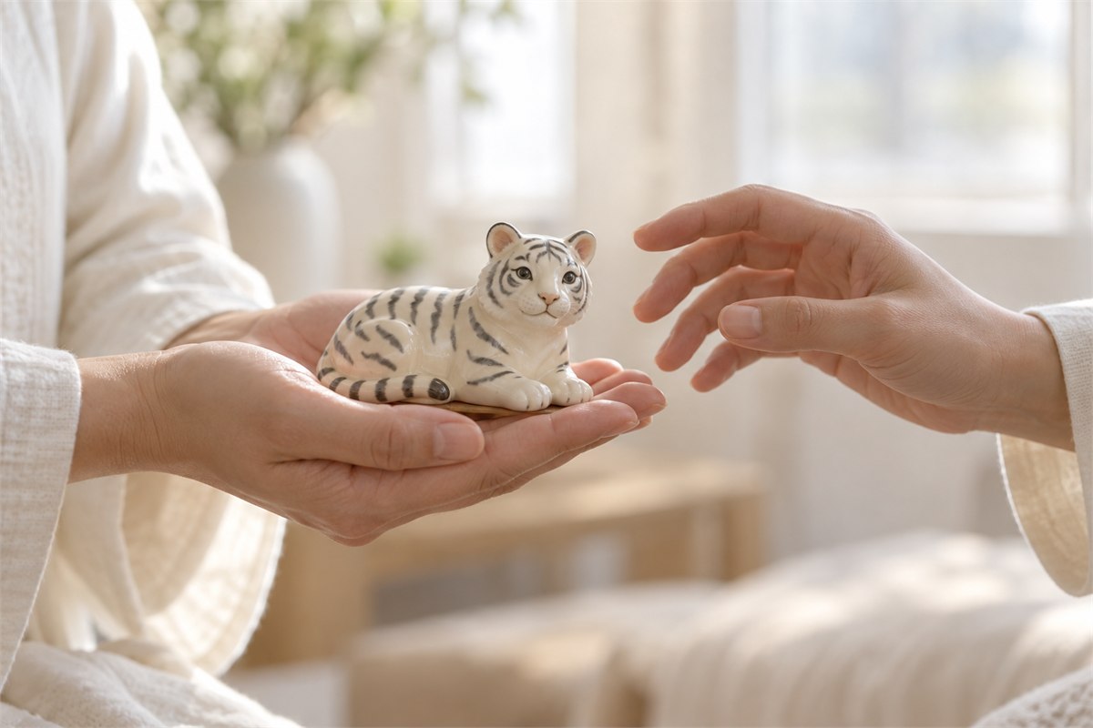 Adult hands offering a small white ceramic tiger figurine.
