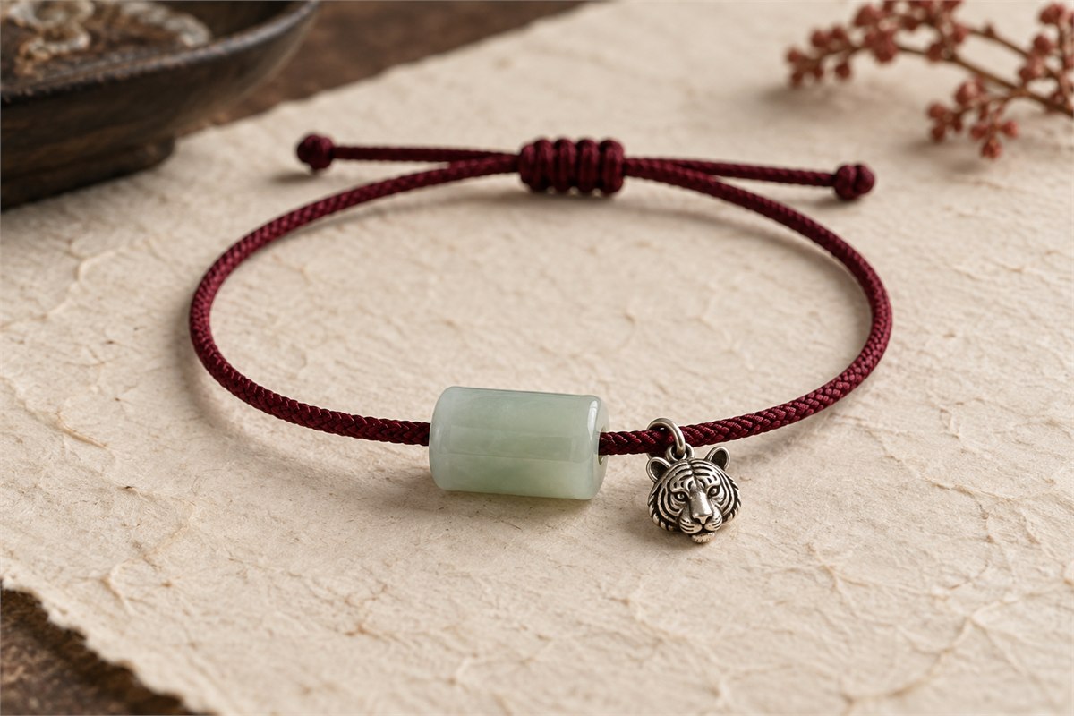 Burgundy cord bracelet with a pale green tubular bead and a silver-colored tiger-head charm.