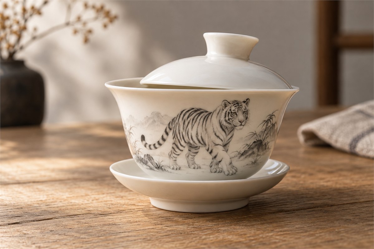 White porcelain lidded tea bowl and saucer decorated with a gray tiger painting.