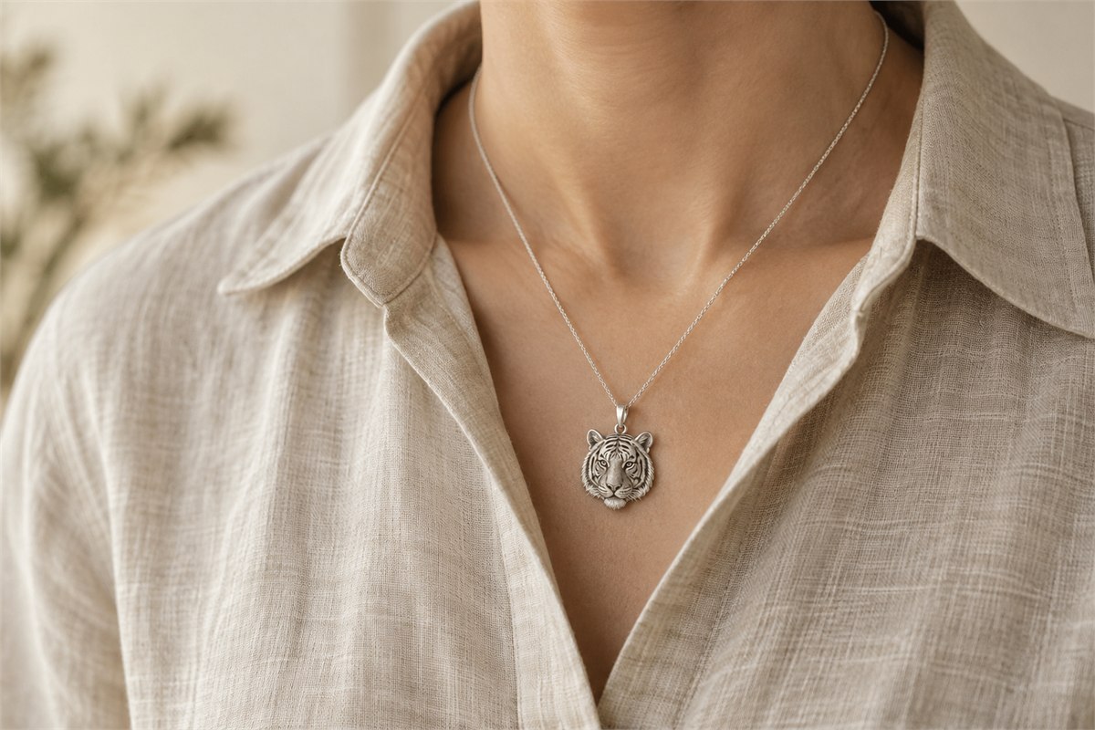 Silver-colored tiger-head pendant on a fine chain over an oatmeal linen shirt.