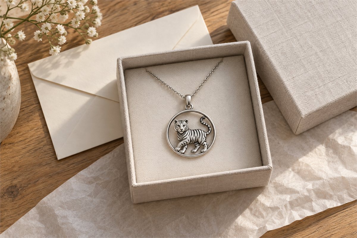 Silver-colored tiger pendant and chain inside an open linen-covered jewelry box.