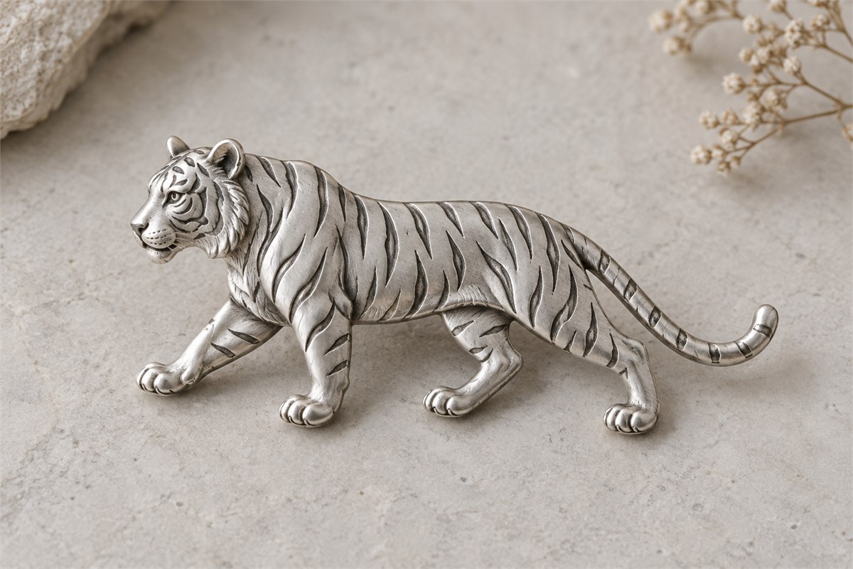 Brushed silver-colored walking tiger ornament with recessed stripes on pale stone.