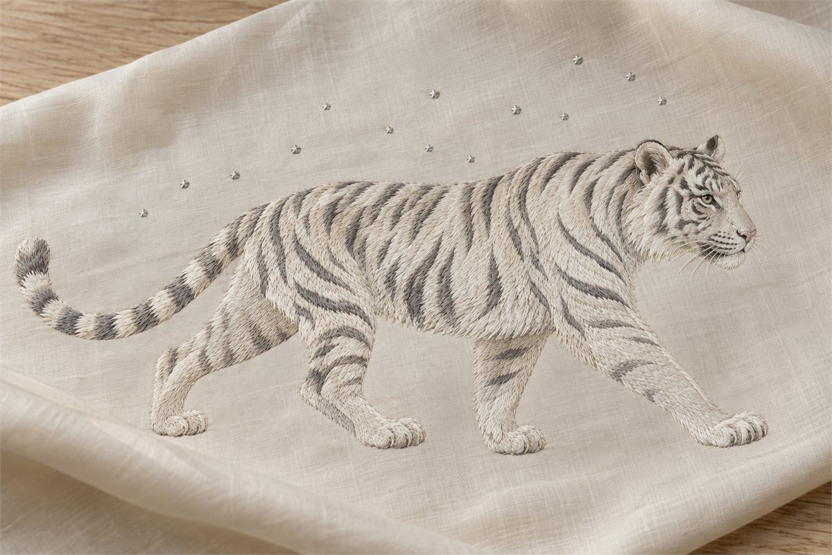 White and gray tiger embroidery with scattered silver-thread dots on ivory silk.