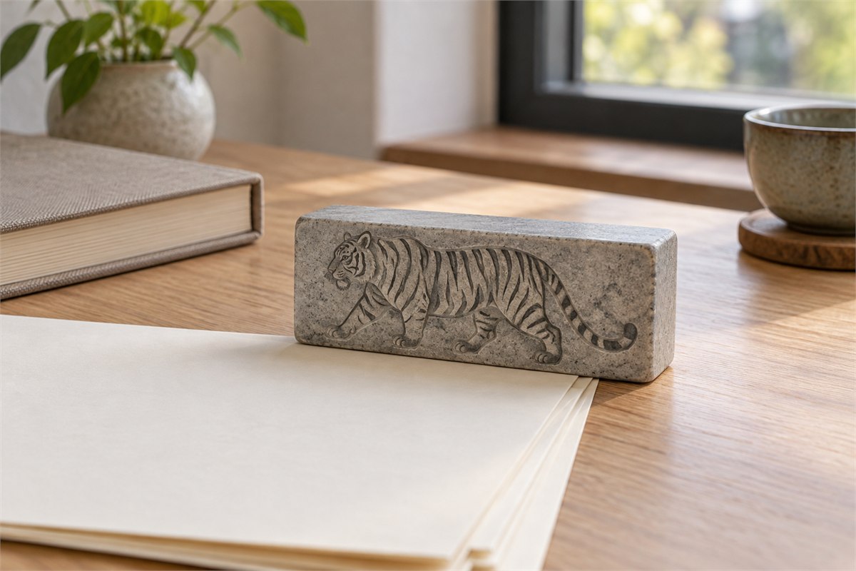 Rectangular stone paperweight engraved with a tiger, holding plain sheets on a wooden desk.