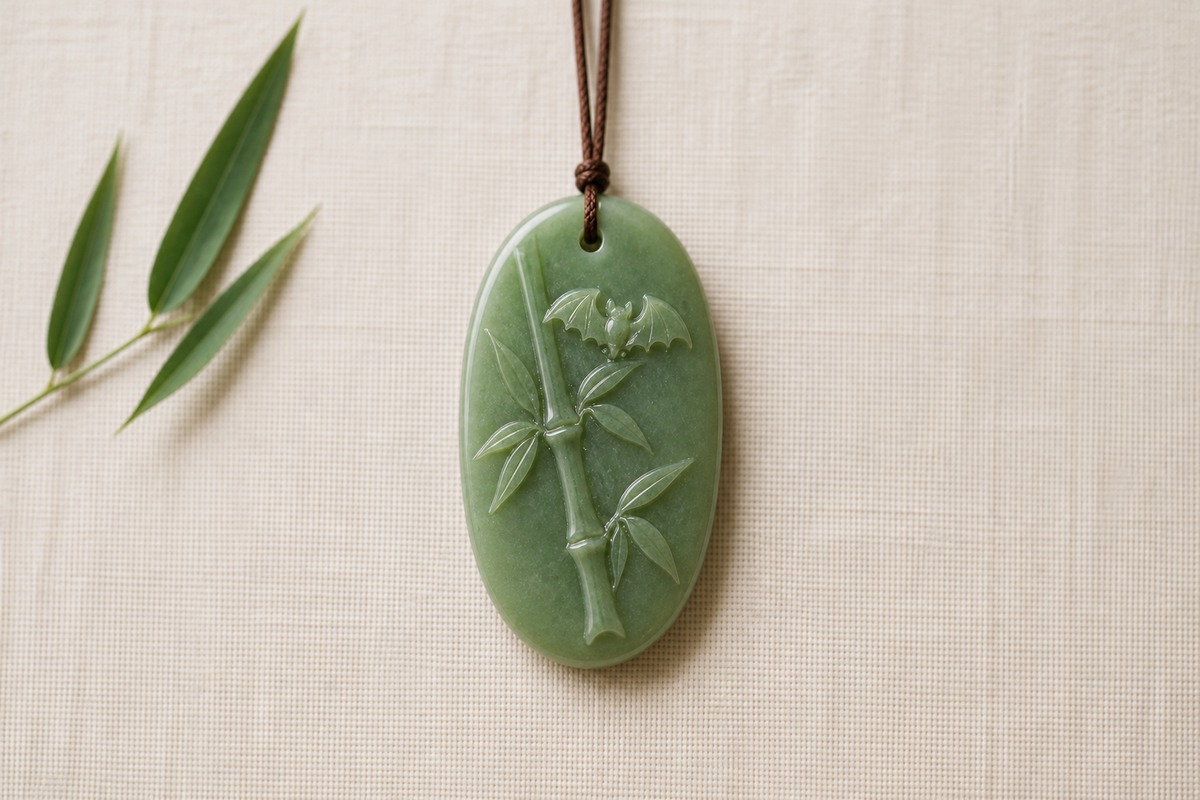 Green jade pendant with bamboo joints, narrow leaves, and one small bat.