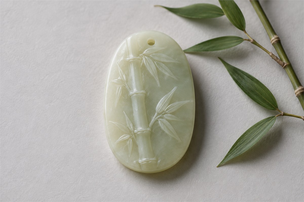 A pale jade carving with a bamboo stem, visible nodes, and slender leaves.