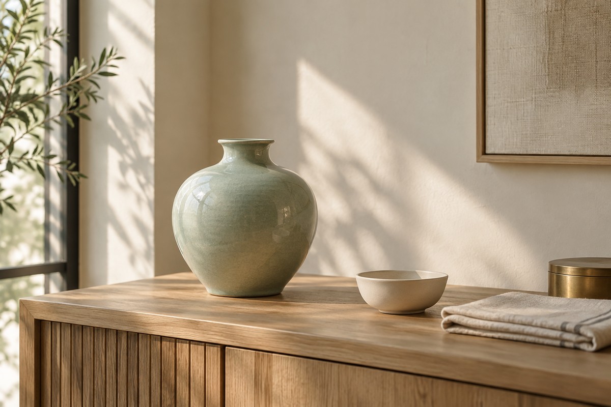 Pale celadon vase on a wood console beside a small bowl and folded cloth.