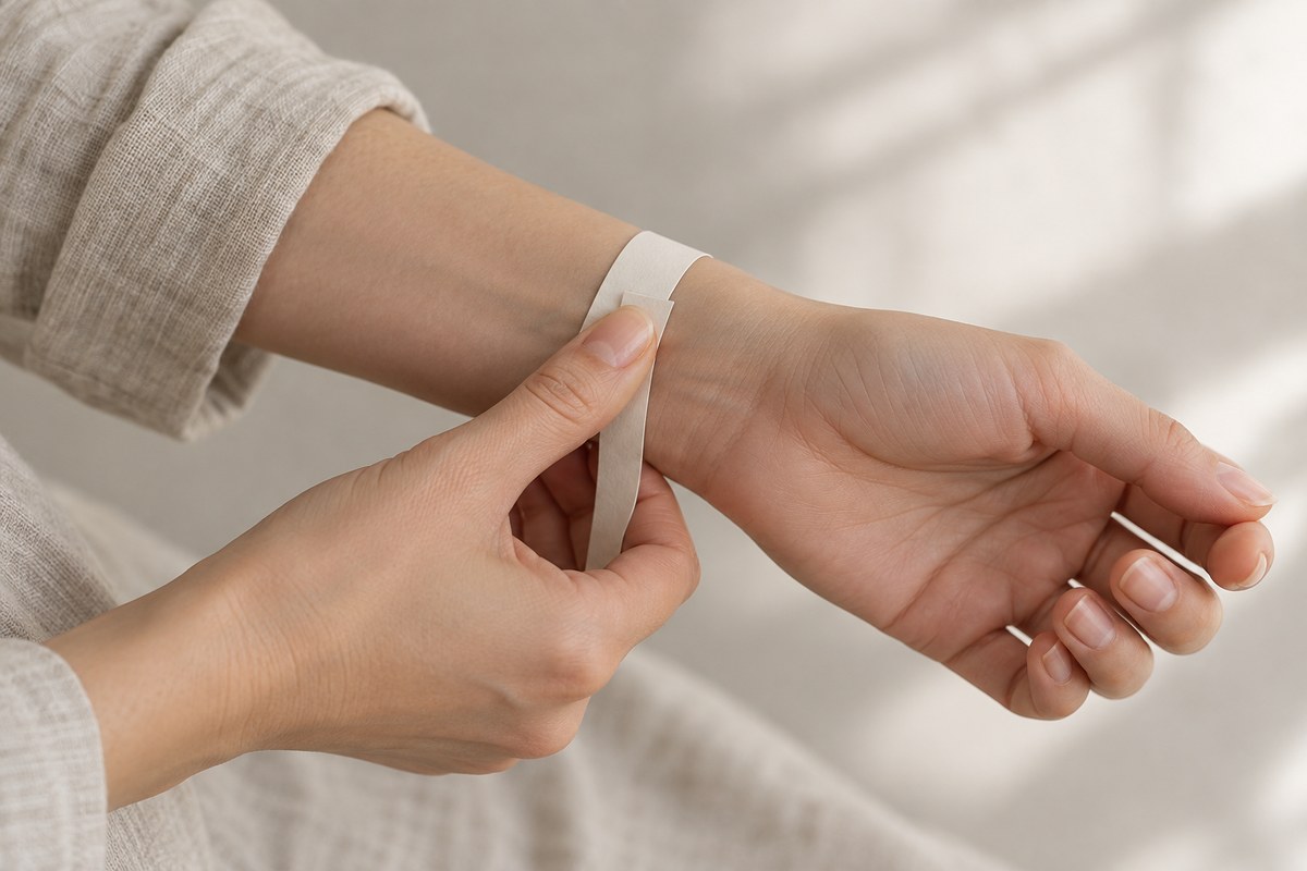 An unmarked paper strip follows the skin around an adult wrist.