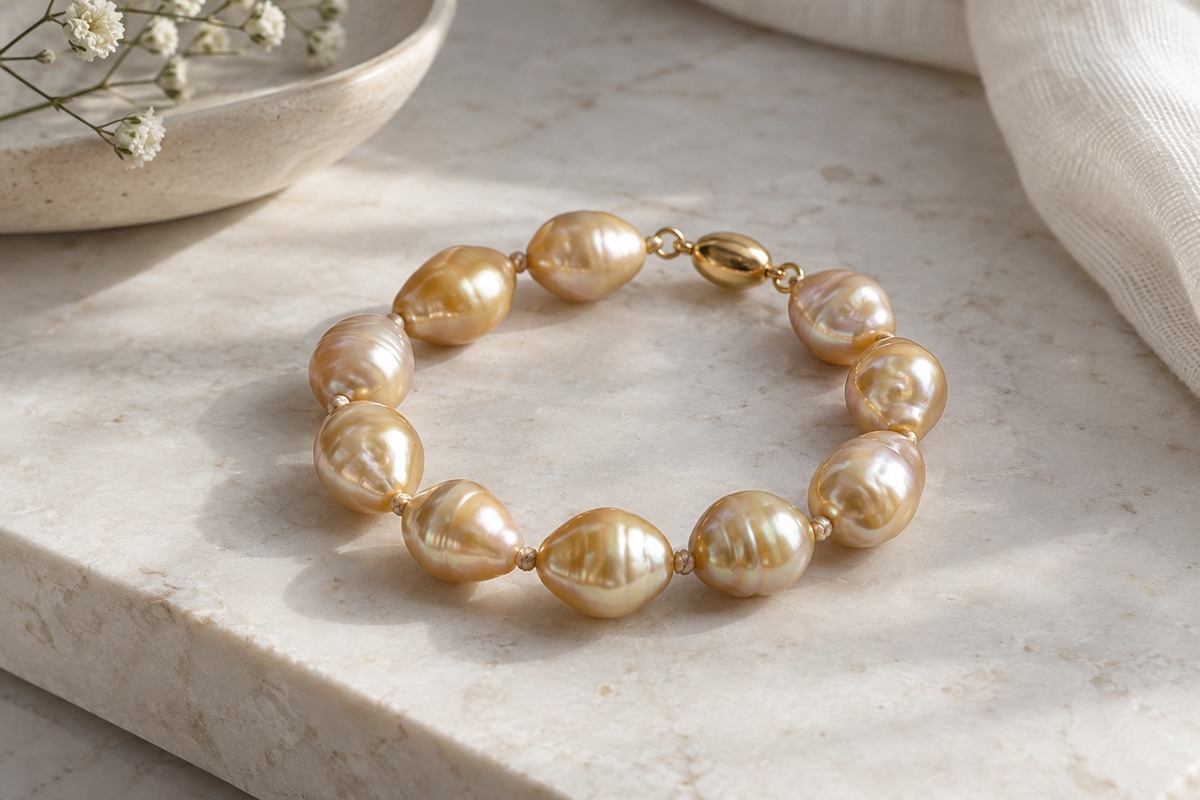 A knotted bracelet of irregular rounded golden pearls on pale stone.