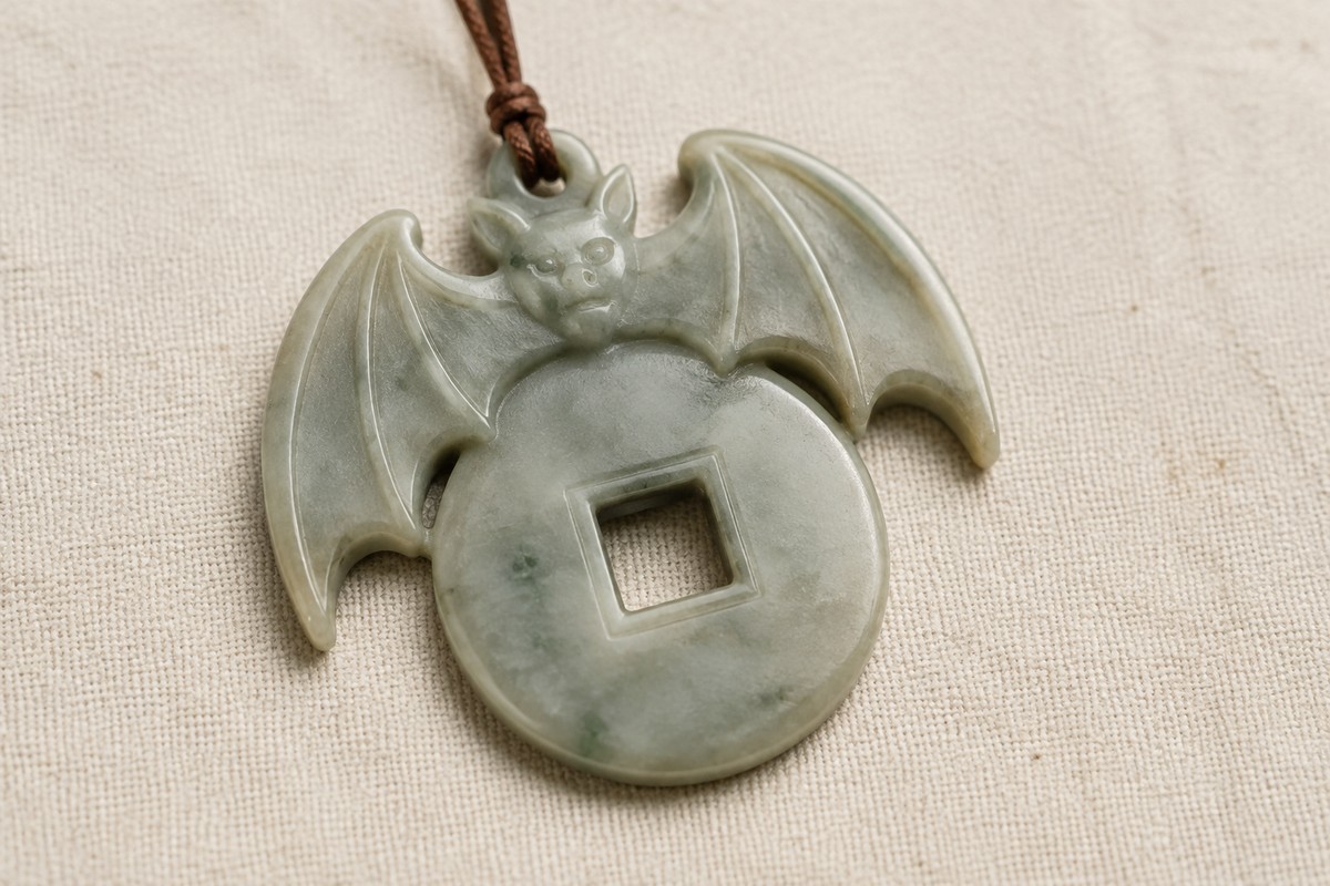 Pale green carved pendant combining one bat with a round coin and square opening.
