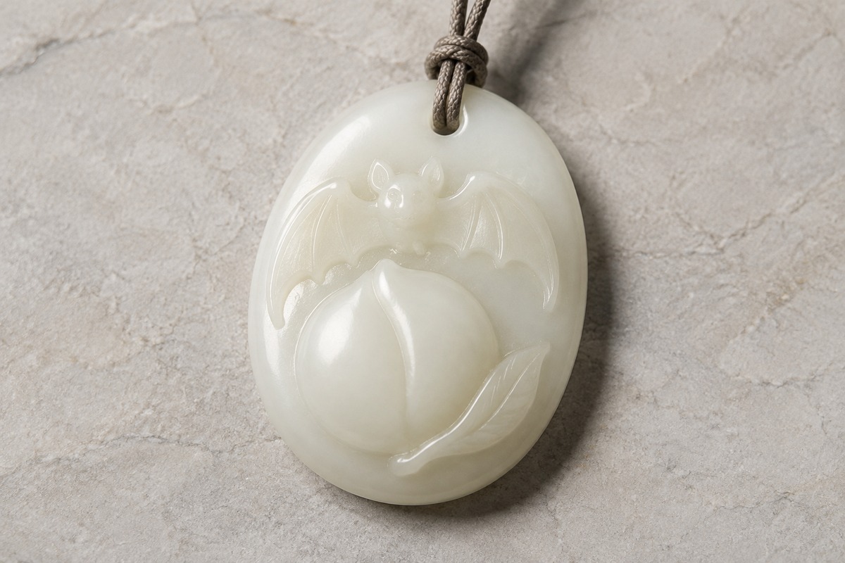 White jade pendant carved with one bat above one peach and a leaf.