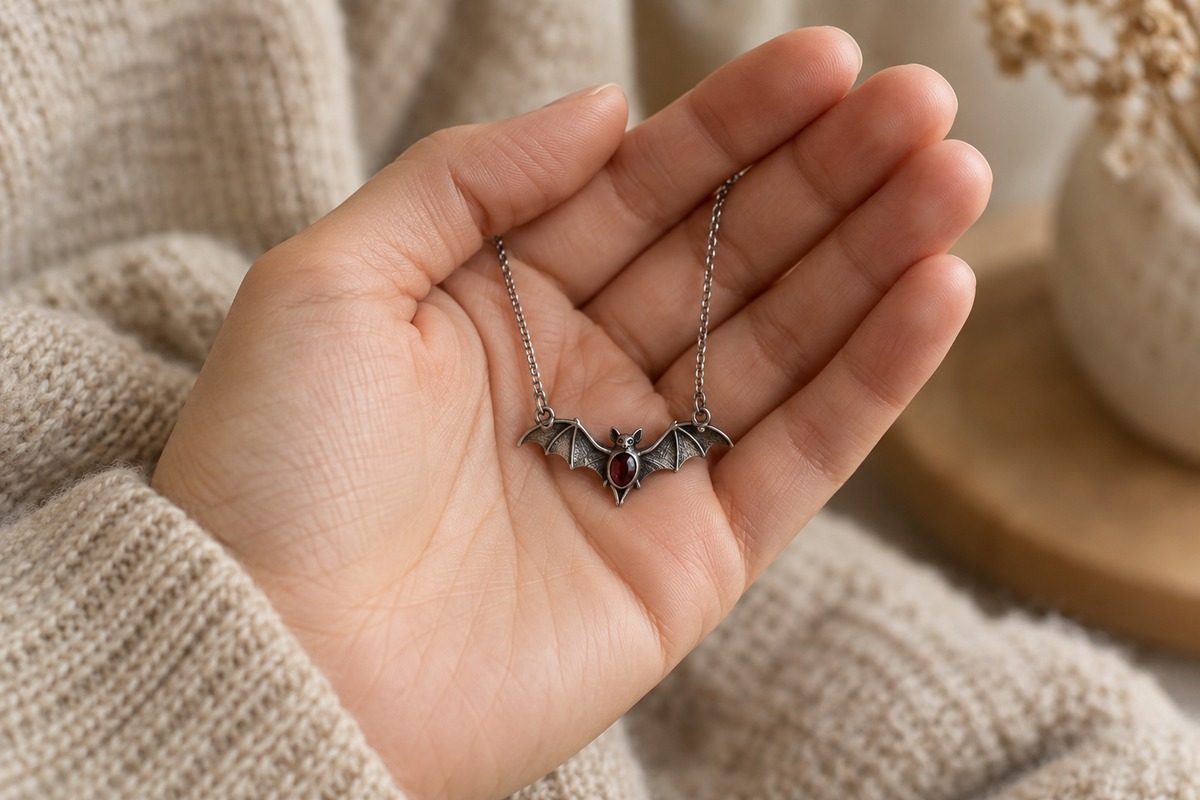 Small silver-gray bat necklace with a red center resting in an open palm